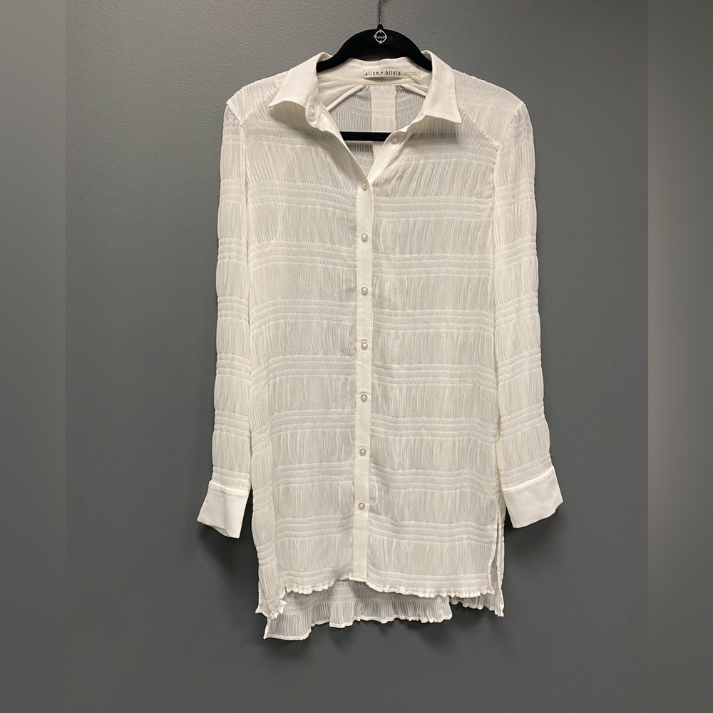 Alice + Olivia White Crinkle Gauzy Button Down Tunic Size Small
